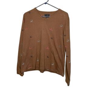 Bit & Bridle Brown  Western Shirt Medium M Long Sleeve Horses Embroidered Aztec